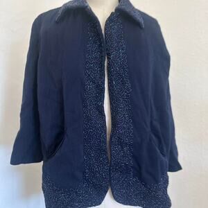 Juilliard Women’s Large Jacket Navy 100% Virgin Wool Beaded Vintage Jacket